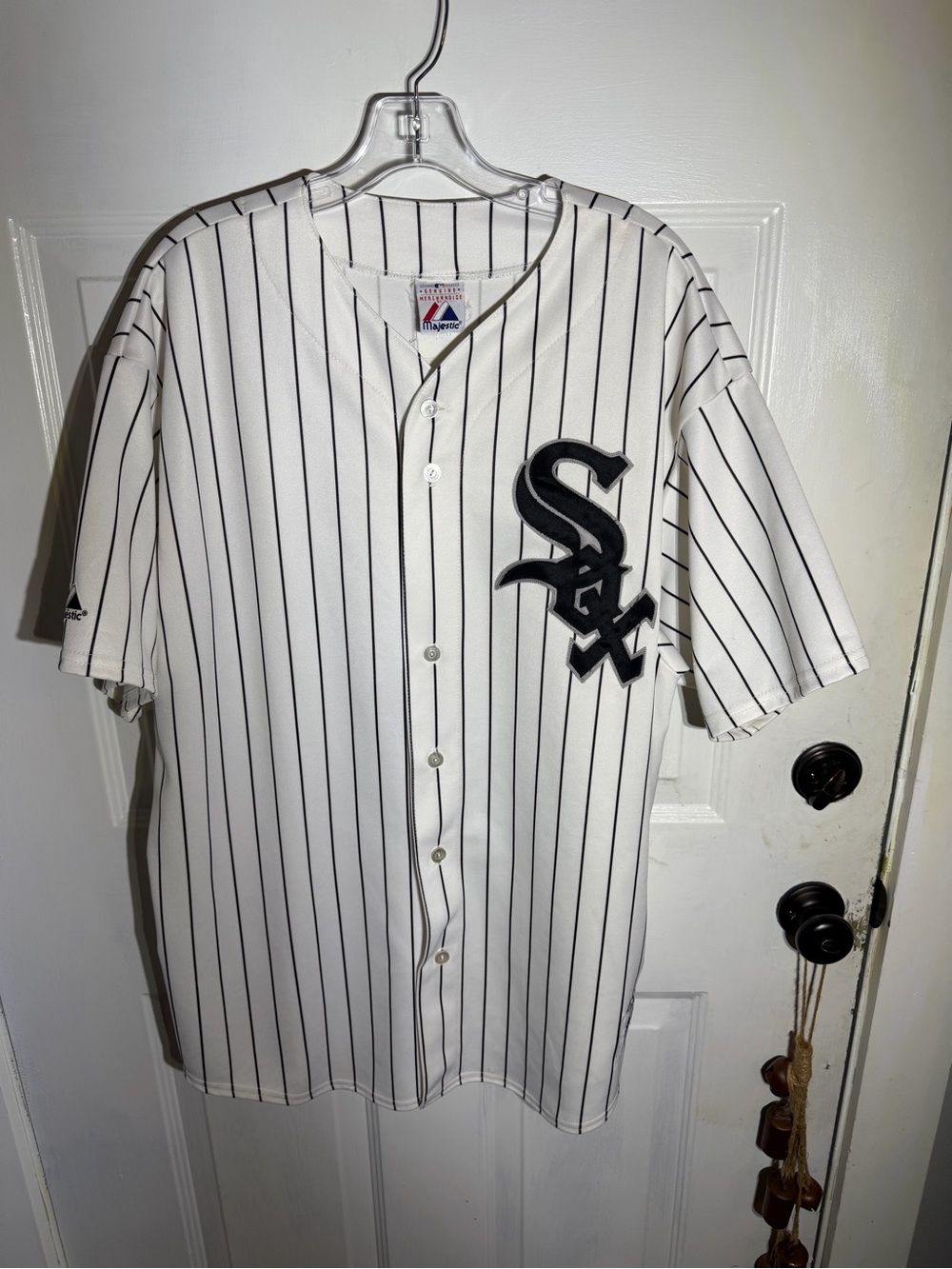 Majestic White Black Pinstripe Chicago Sox Button-Up Jersey
